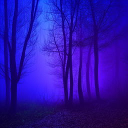 Mystical forest bathed in a purple and blue fog illuminated by a silver shimmering full moon.