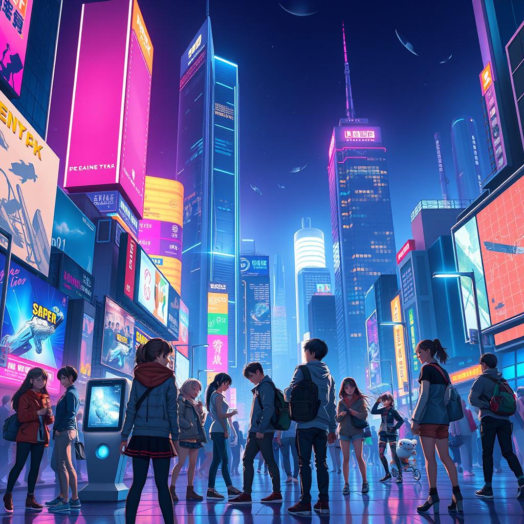 A digital artwork featuring a futuristic scene set in a vibrant, bustling city at night