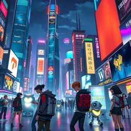 A digital artwork featuring a futuristic scene set in a vibrant, bustling city at night