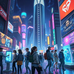 A digital artwork featuring a futuristic scene set in a vibrant, bustling city at night