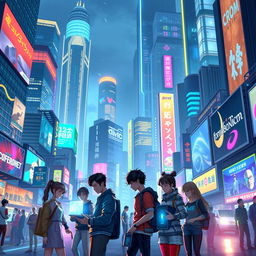 A digital artwork featuring a futuristic scene set in a vibrant, bustling city at night