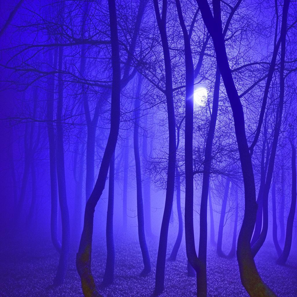 Mystical forest bathed in a purple and blue fog illuminated by a silver shimmering full moon.