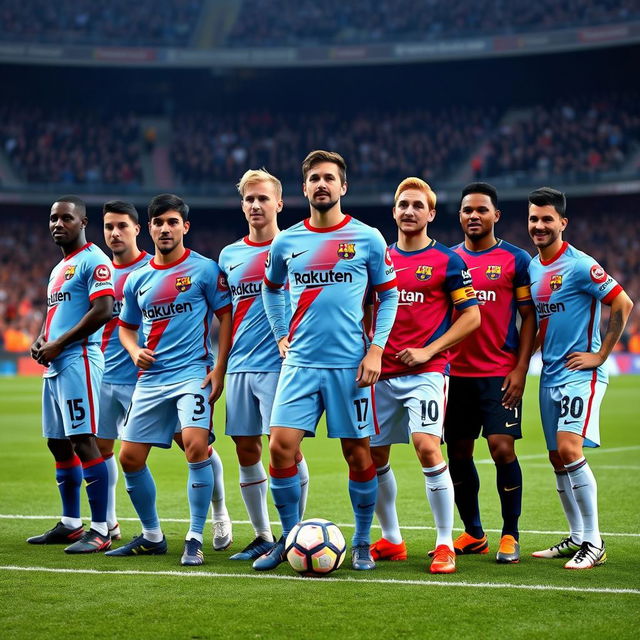 A vibrant football squad picture featuring Sadio Mané, Julián Álvarez, Johan Cruyff, George Best, Gennaro Gattuso, Frank Rijkaard, Roberto Carlos, Manuel Akanji, Paolo Maldini, Trent Alexander-Arnold, and Emiliano Martínez