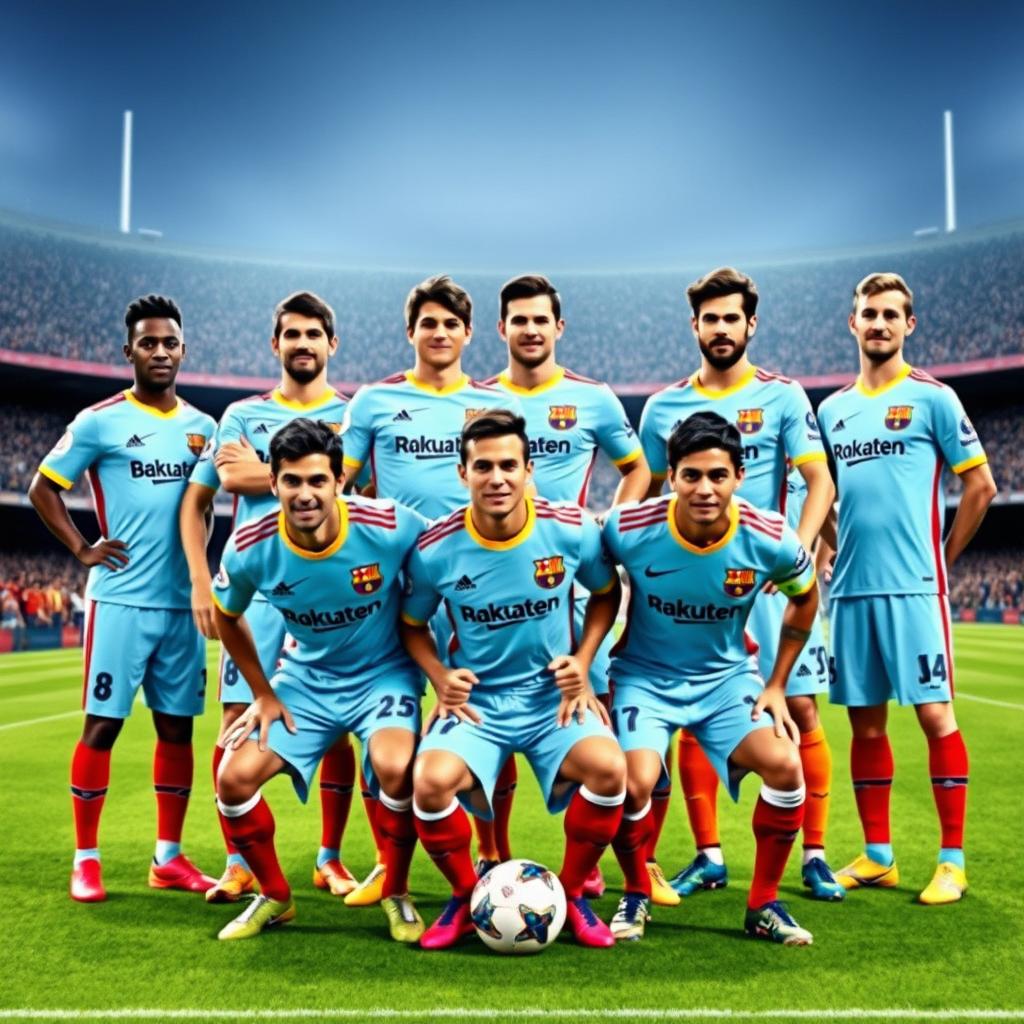 A vibrant football squad picture featuring Sadio Mané, Julián Álvarez, Johan Cruyff, George Best, Gennaro Gattuso, Frank Rijkaard, Roberto Carlos, Manuel Akanji, Paolo Maldini, Trent Alexander-Arnold, and Emiliano Martínez