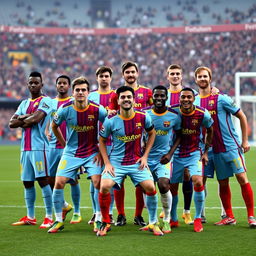 A vibrant football squad picture featuring Sadio Mané, Julián Álvarez, Johan Cruyff, George Best, Gennaro Gattuso, Frank Rijkaard, Roberto Carlos, Manuel Akanji, Paolo Maldini, Trent Alexander-Arnold, and Emiliano Martínez
