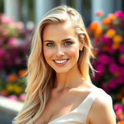 A portrait of a stunning blonde woman with bright blue eyes, showcasing her radiant smile and confidence