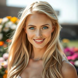 A portrait of a stunning blonde woman with bright blue eyes, showcasing her radiant smile and confidence