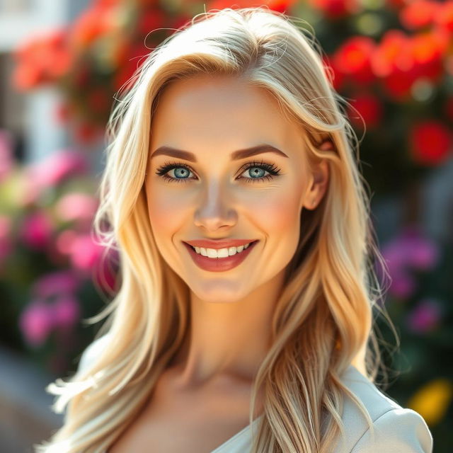 A portrait of a stunning blonde woman with bright blue eyes, showcasing her radiant smile and confidence