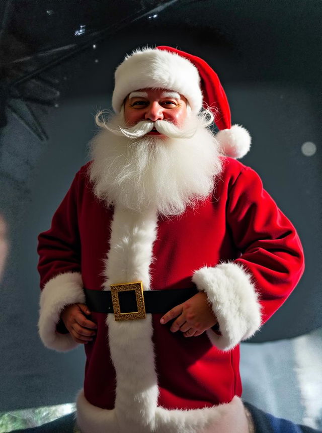 A cheerful Santa Claus character with a big smile and a round face, wearing a classic red Santa hat and a fluffy white beard