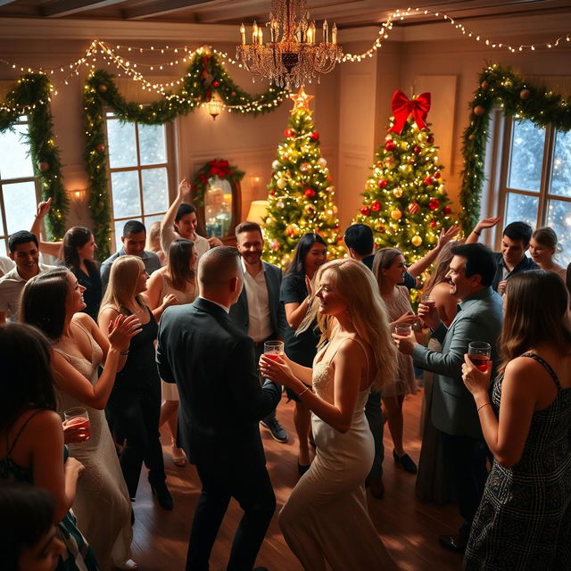 A vibrant Christmas party scene with people dancing joyfully