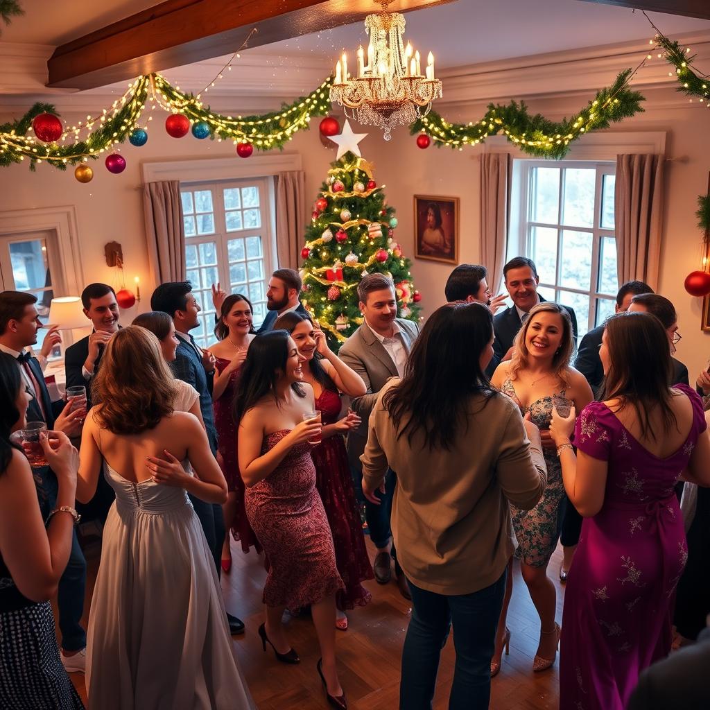 A vibrant Christmas party scene with people dancing joyfully