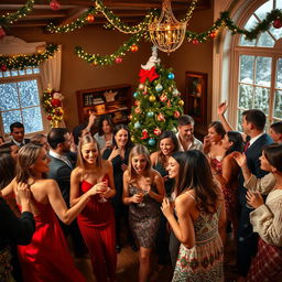 A vibrant Christmas party scene with people dancing joyfully