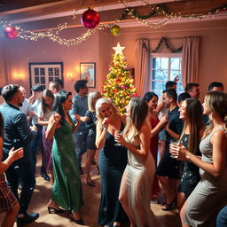 A vibrant Christmas party scene with people dancing joyfully