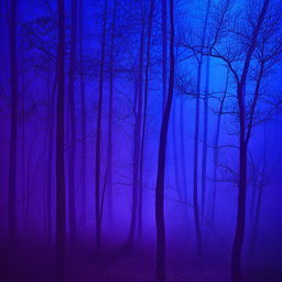 Mystical forest bathed in a purple and blue fog illuminated by a silver shimmering full moon.