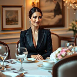 An elegant woman sitting at a round dining table in a beautifully decorated room