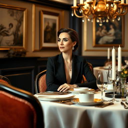 An elegant woman sitting at a round dining table in a beautifully decorated room