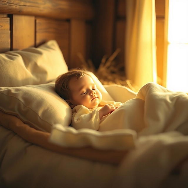 A serene scene of Baby Jesus lying peacefully in a cozy bed, surrounded by soft blankets and gentle pillows
