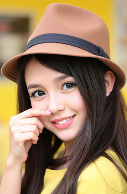 A beautiful girl with long, dark hair and expressive brown eyes, smiling playfully with soft lips