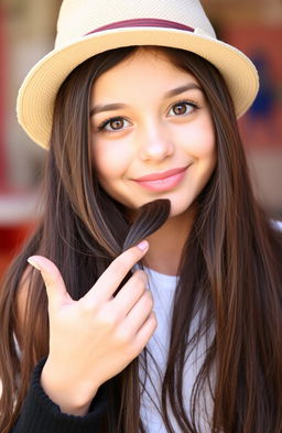 A beautiful girl with long, dark hair and expressive brown eyes, smiling playfully with soft lips