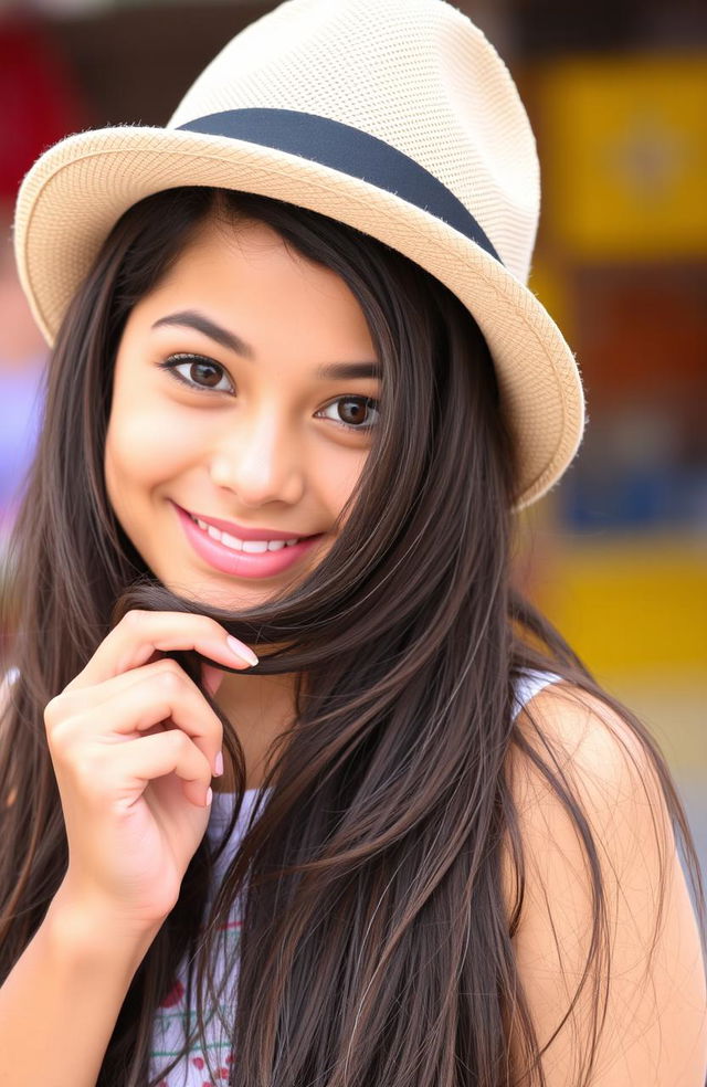 A beautiful girl with long, dark hair and expressive brown eyes, smiling playfully with soft lips