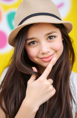 A beautiful girl with long, dark hair and expressive brown eyes, smiling playfully with soft lips