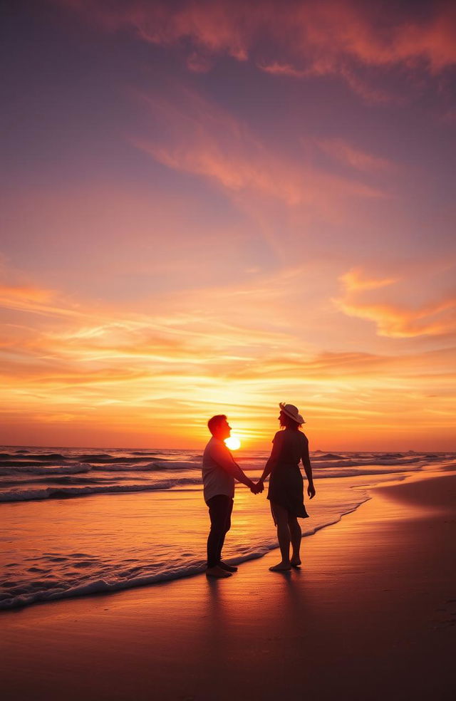 A romantic scene at a beach during sunset featuring a couple deeply in love