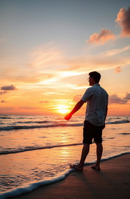 A romantic scene at a beach during sunset featuring a couple deeply in love