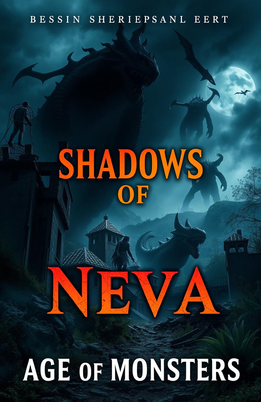 A stunning book cover for an adventurous epic titled 'Shadows of Neva: Age of Monsters'