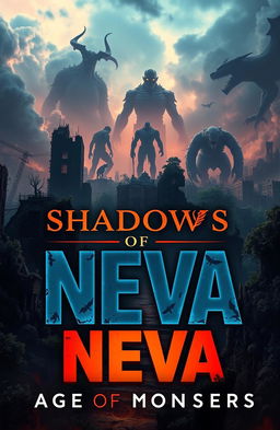 A stunning book cover for an adventurous epic titled 'Shadows of Neva: Age of Monsters'