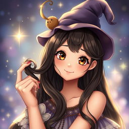 A enchanting girl with long, dark hair and warm brown eyes, smiling playfully with soft lips