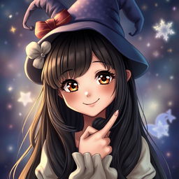 A enchanting girl with long, dark hair and warm brown eyes, smiling playfully with soft lips