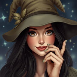 A beautiful witch with adult facial features, showcasing long, dark hair and captivating brown eyes