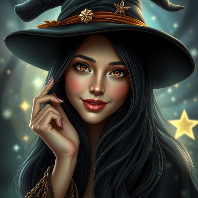 A beautiful witch with adult facial features, showcasing long, dark hair and captivating brown eyes