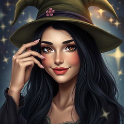 A beautiful witch with adult facial features, showcasing long, dark hair and captivating brown eyes