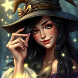 A beautiful witch with adult facial features, showcasing long, dark hair and captivating brown eyes