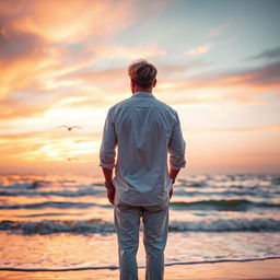 A solitary man standing on a serene beach during sunset, gazing out at the horizon