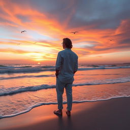 A solitary man standing on a serene beach during sunset, gazing out at the horizon