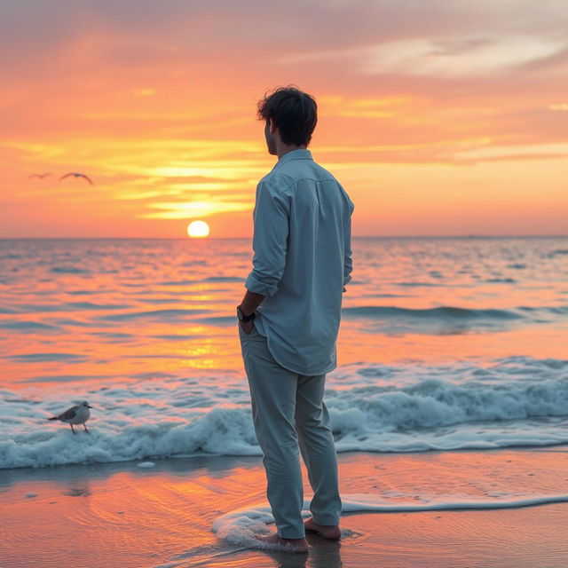 A solitary man standing on a serene beach during sunset, gazing out at the horizon