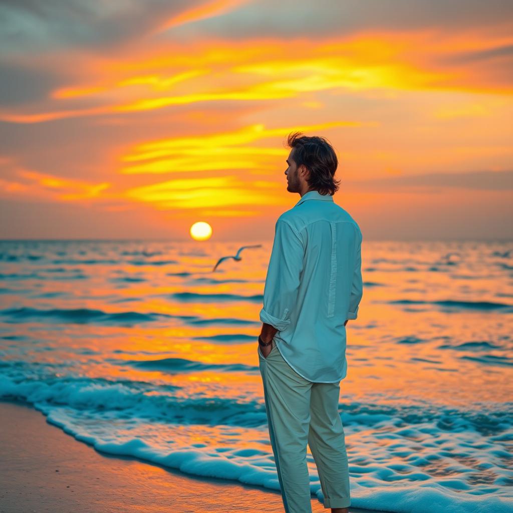 A solitary man standing on a serene beach during sunset, gazing out at the horizon