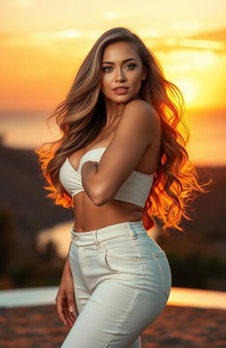 A beautiful woman with an alluring and curvy figure, standing confidently in a vibrant and breathtaking outdoor setting