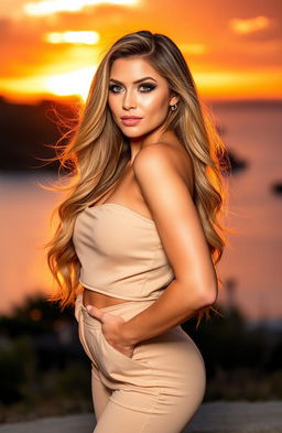 A beautiful woman with an alluring and curvy figure, standing confidently in a vibrant and breathtaking outdoor setting