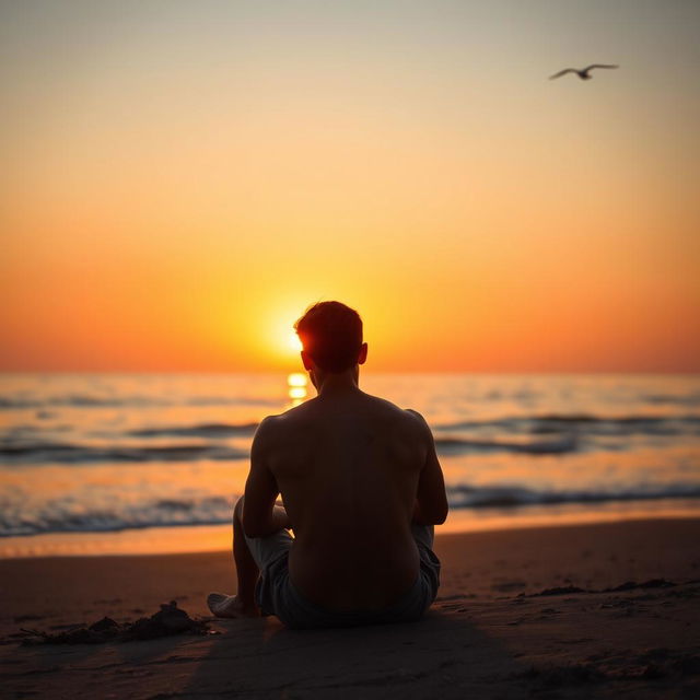 A back view of a sad man sitting alone on the beach at sunset, gazing at the horizon