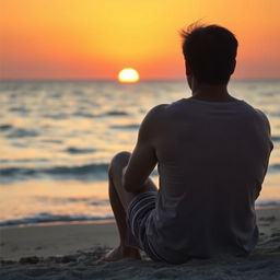 A back view of a sad man sitting alone on the beach at sunset, gazing at the horizon