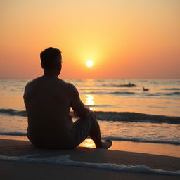 A back view of a sad man sitting alone on the beach at sunset, gazing at the horizon