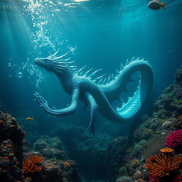 A majestic sea monster emerging from the deep ocean, its scales shimmering in various shades of blue and green, surrounded by bubbles and vibrant coral reefs
