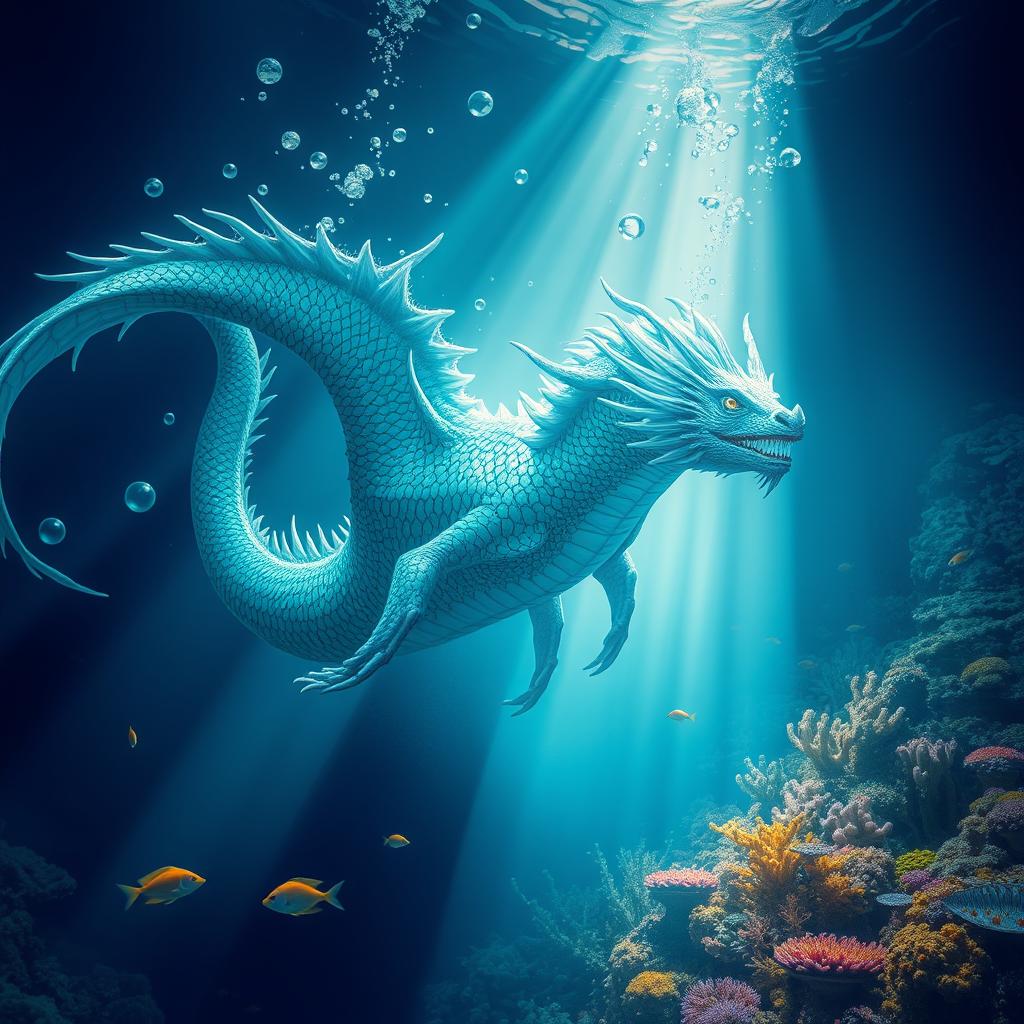 A majestic sea monster emerging from the deep ocean, its scales shimmering in various shades of blue and green, surrounded by bubbles and vibrant coral reefs