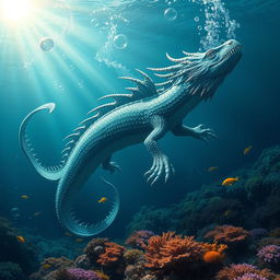 A majestic sea monster emerging from the deep ocean, its scales shimmering in various shades of blue and green, surrounded by bubbles and vibrant coral reefs