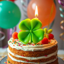 A beautifully decorated birthday cake with rich layers and creamy frosting, featuring a vibrant green four-leaf clover candle on top
