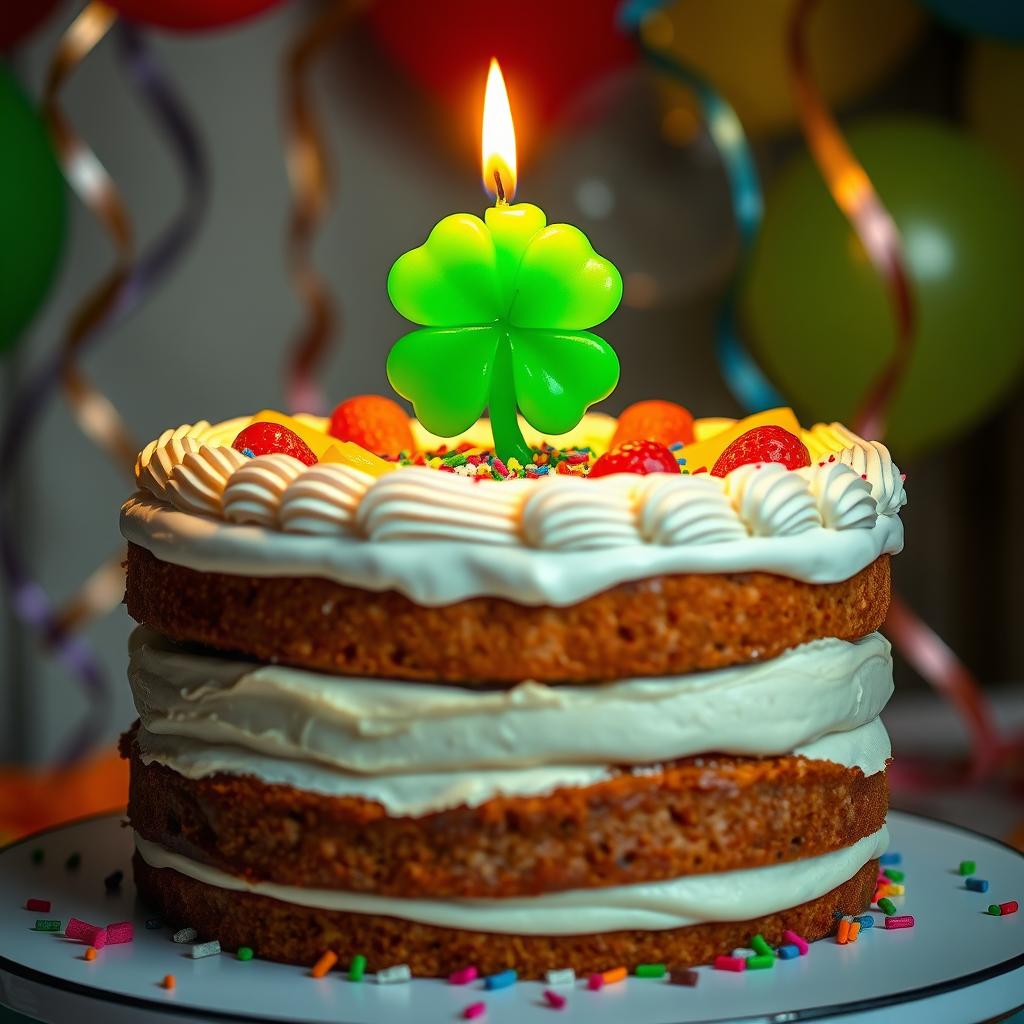 A beautifully decorated birthday cake with rich layers and creamy frosting, featuring a vibrant green four-leaf clover candle on top