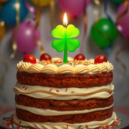 A beautifully decorated birthday cake with rich layers and creamy frosting, featuring a vibrant green four-leaf clover candle on top